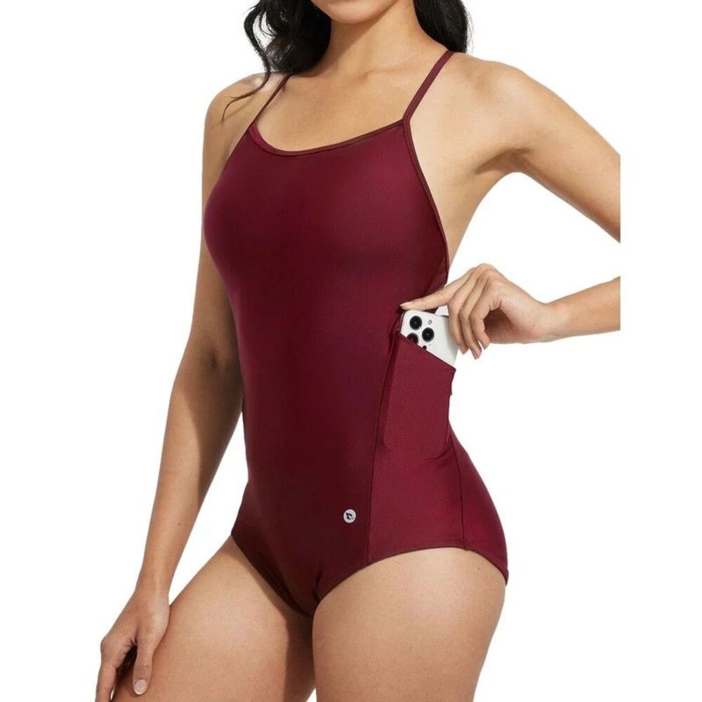 Baleaf Women's Zipper Pockets One Piece Swimsuit Athletic Training Adjustable 38
